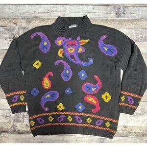 Vintage Funky Boho Paisley Print Chunky Knit Mock Neck Grandma Sweater | Medium